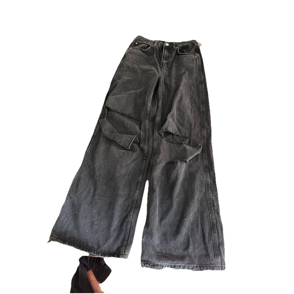 BDG Puddle Distressed Jeans in Black Super high rise wide leg Size 28w/32L
